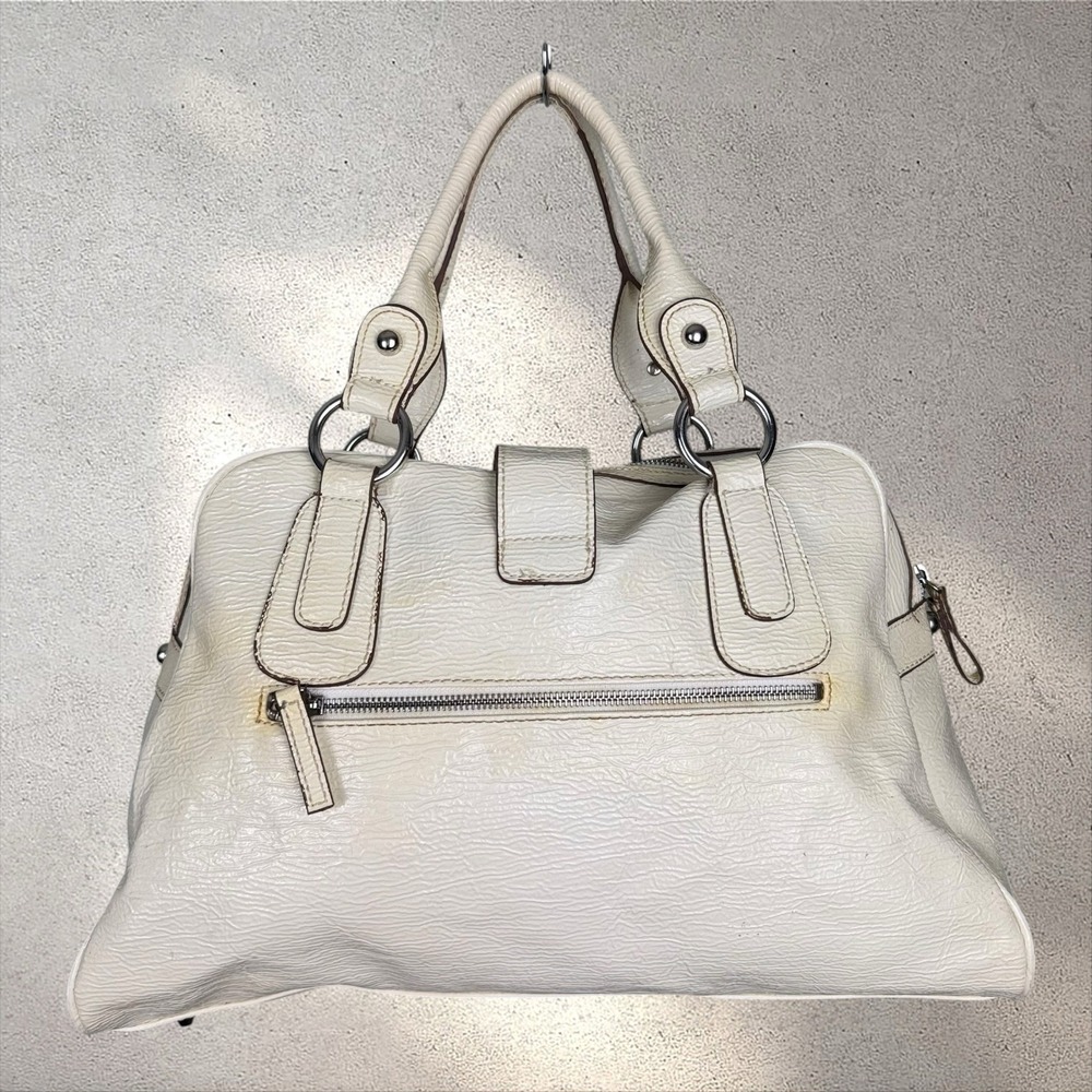 Vtg Y2K 2000s Guess Embossed Top Handle Tote Bag Purse Ivory Cream Big G Buckle - Picture 4 of 7